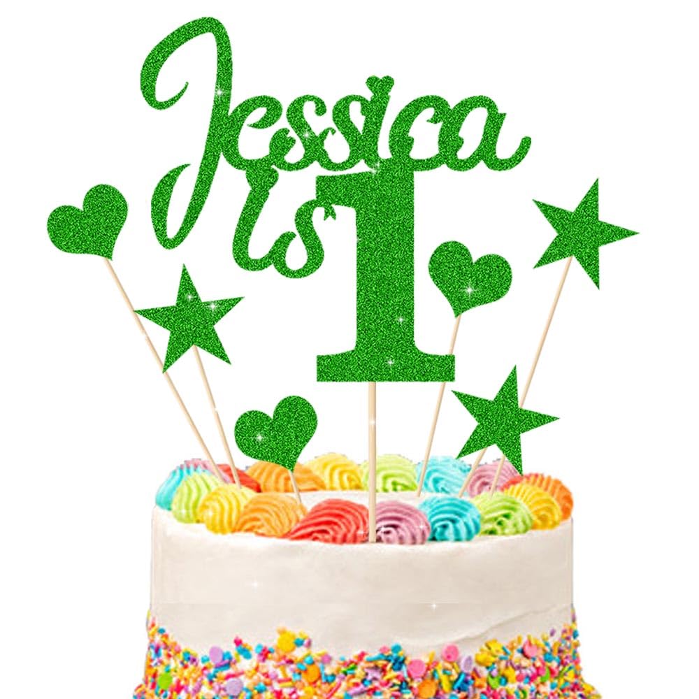 1st Birthday Cake Topper | Personalised 1 2 3 Cake Topper | Happy Birthday Decorations | Double Sided Glitter Card Any Name Age Customized - Multicolour Glitter Cake Decoration(Green)