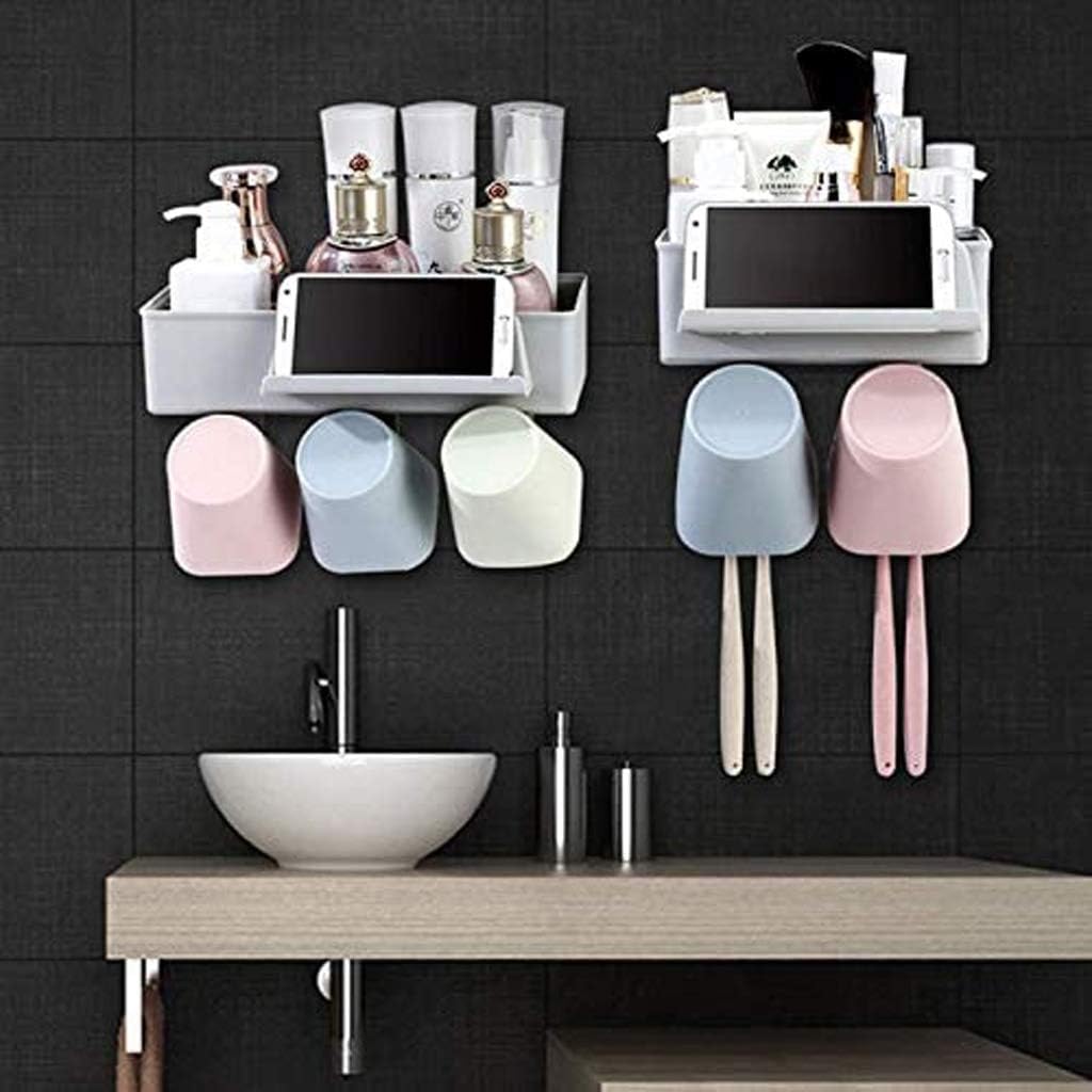 Creative Suction Wall Mounted Toothbrush Cup Holder, Punch Free Wash Storage Toothbrush Holder Set Mouthwash Brush Cup(17.6 * 12.5 * 6.5cm)