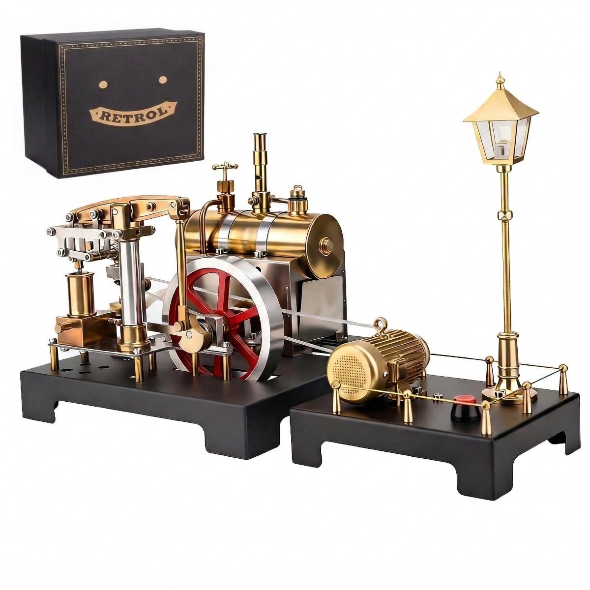 SE-01 Full Metal Beam Steam Engine Model Kit with Horizontal Boiler & Steam Generator and Lamp Scene Model, Vertical Boiler Steam Engine That Runs Educational Science Kits for Adults