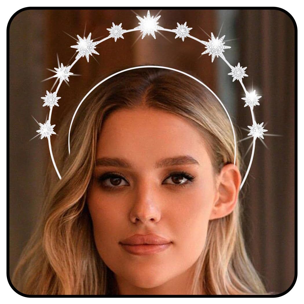 Zoestar Halo Crown Headband Star Crystal Hair Band Sparkly Rhinestone Headpiece Goddess Wedding Hair Tiara Party Costume Hair Accessories for Women and Girls,1 Pcs (Silver 1)