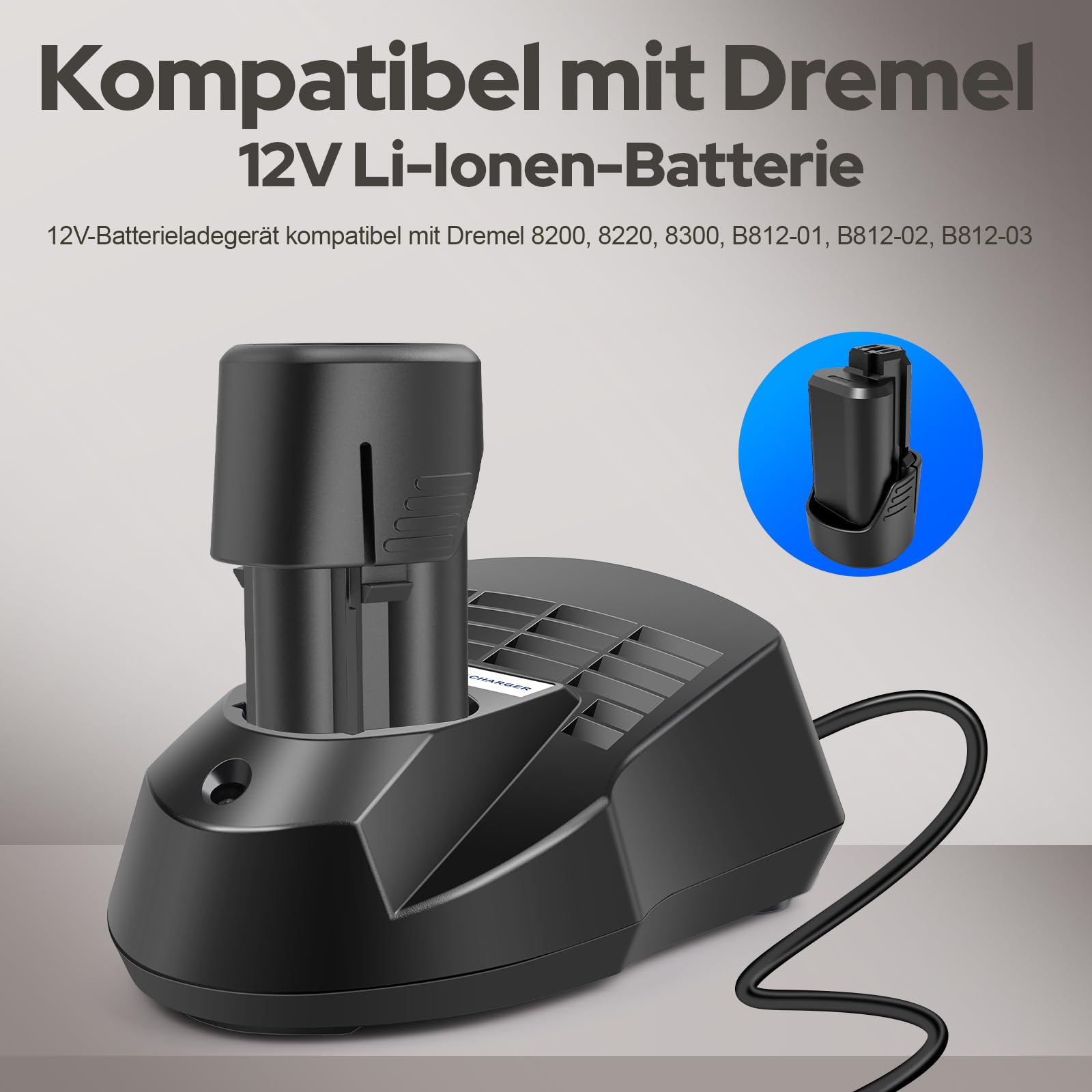 ASUNCELL Cargador de 12V 1,5 A Compatible con Dremel 8200, 8220 y 8300 baterías de Herramientas (B812-01, B812-02, B812-03), Cargador rápido para multiherramientas inalámbricas Dremel