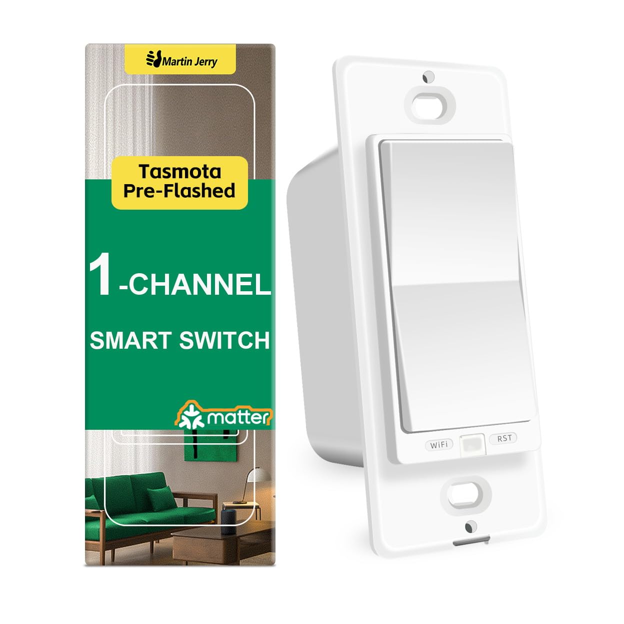 Matter Smart Switch homkit by Martin Jerry, tasmota preflashed on This ESP32 chip 1 Channel WiFi Smart Light Switch with Energy Monitor for Your Smart Home, Support Both MQTT and Matter, 1-Pack