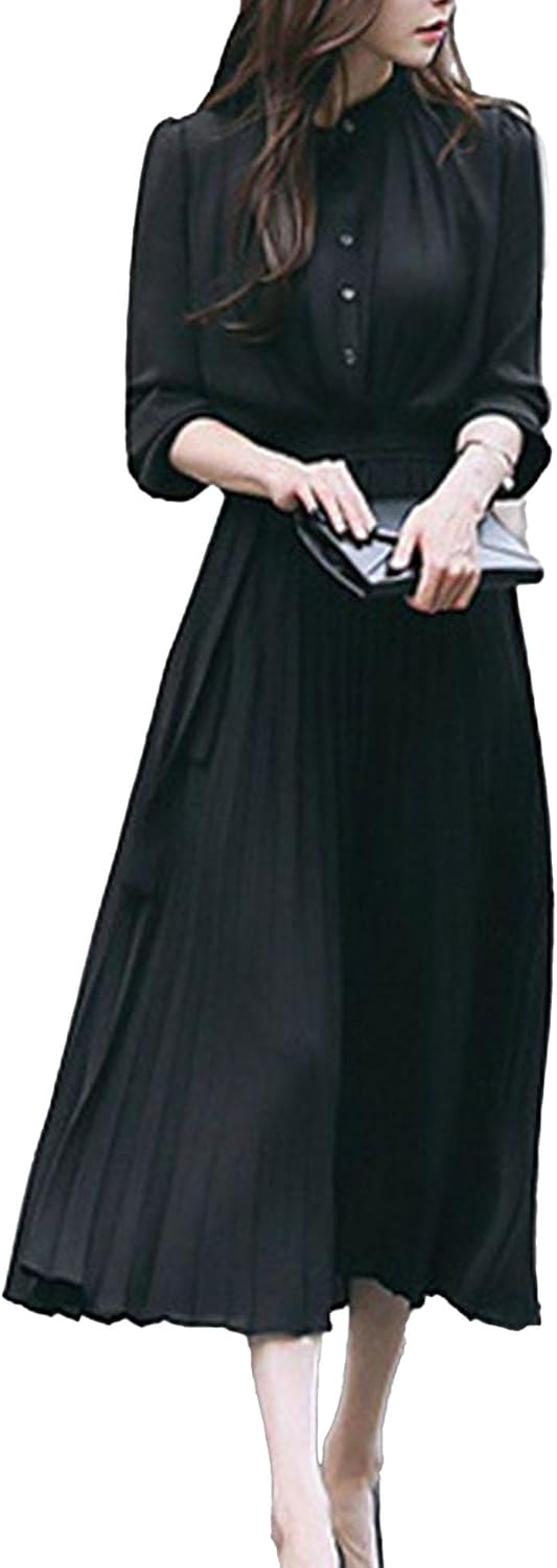 Womens Casual Dress Button Long Sleeve A Line Pleated Chiffon Dress Tie Waist Solid Flowy Dress for Party Wedding Guest