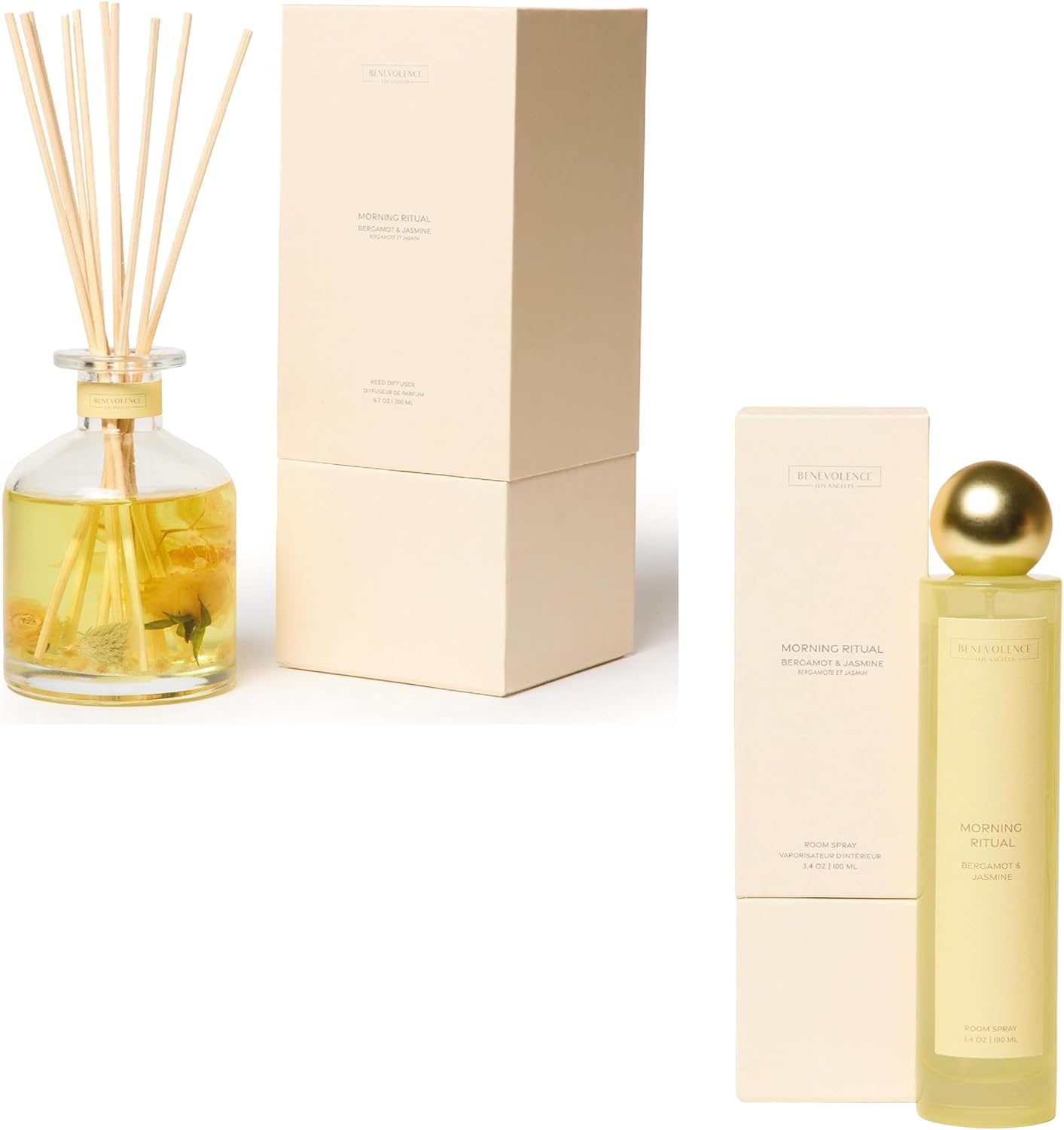 Benevolence LA Morning Ritual Reed Diffuser Set and Room Spray | Bergamot & Jasmine | Home Fragrance, Gifts for Women