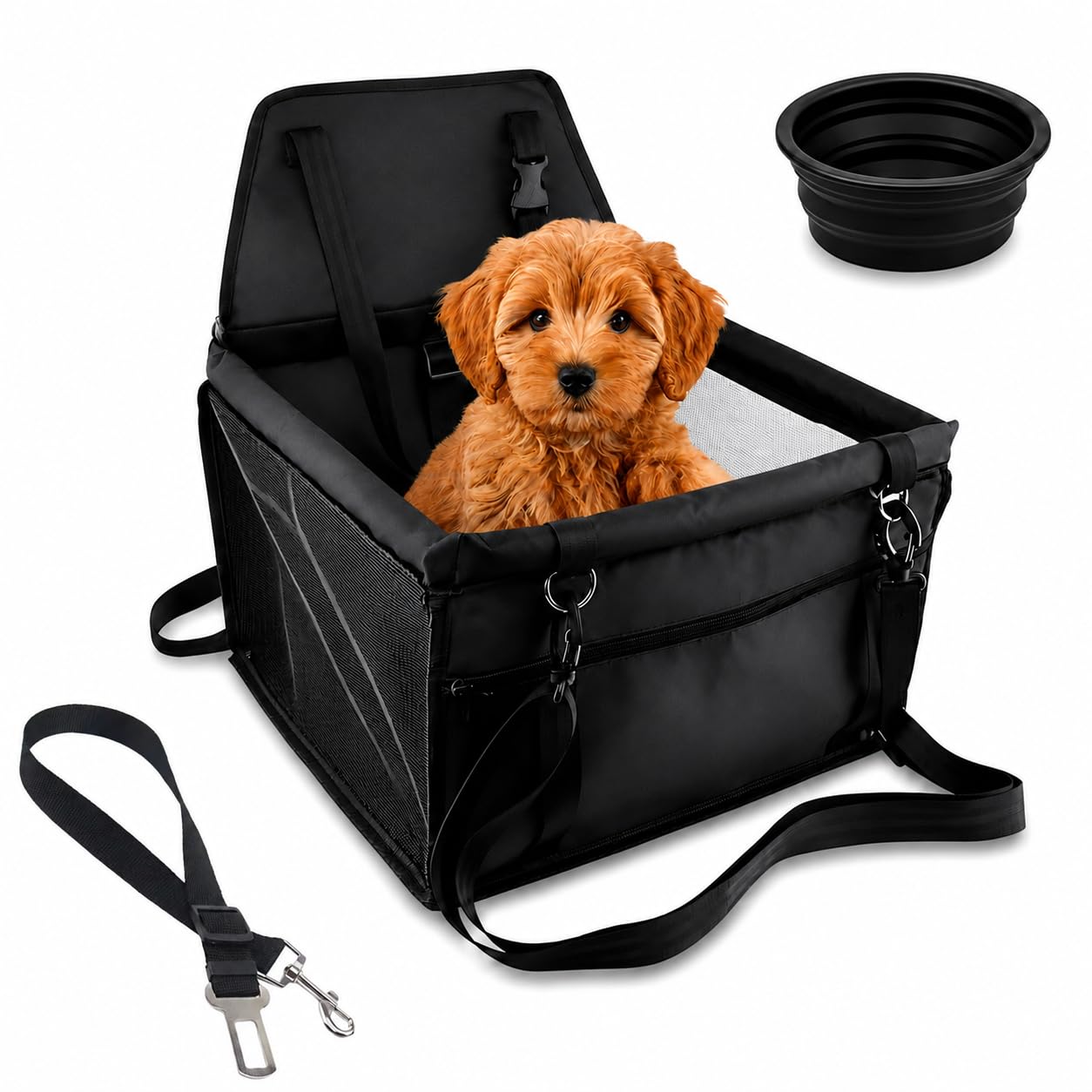 Transportin Perros y Gatos de Coche | Base Rígida y Tejido Impermeable con Correas Ajustables |Viajes Comodos y Tranquilos | Incluye Cinturón de Seguridad y Bol de Viaje Plegable | 40x40x32 cm.