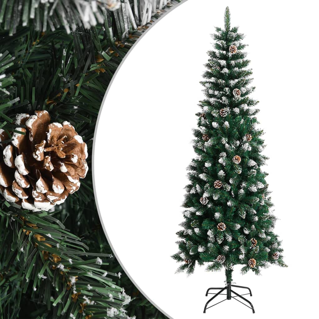 Albero di Natale artificiale da 240 cm, con supporto, in PVC verde, con pigne, design pieghevole per un facile montaggio, punte di abete cespugliate con neve e glitter, incluso