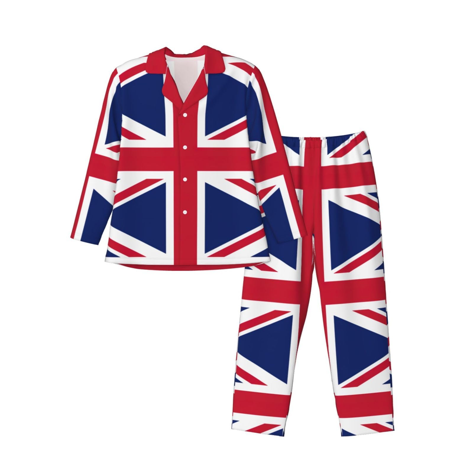 Limpac Men's Black British Flag Print Pajamas Sleepwear Set, Soft Long Sleeve Button Dow Loungewear With Pockets, Xl