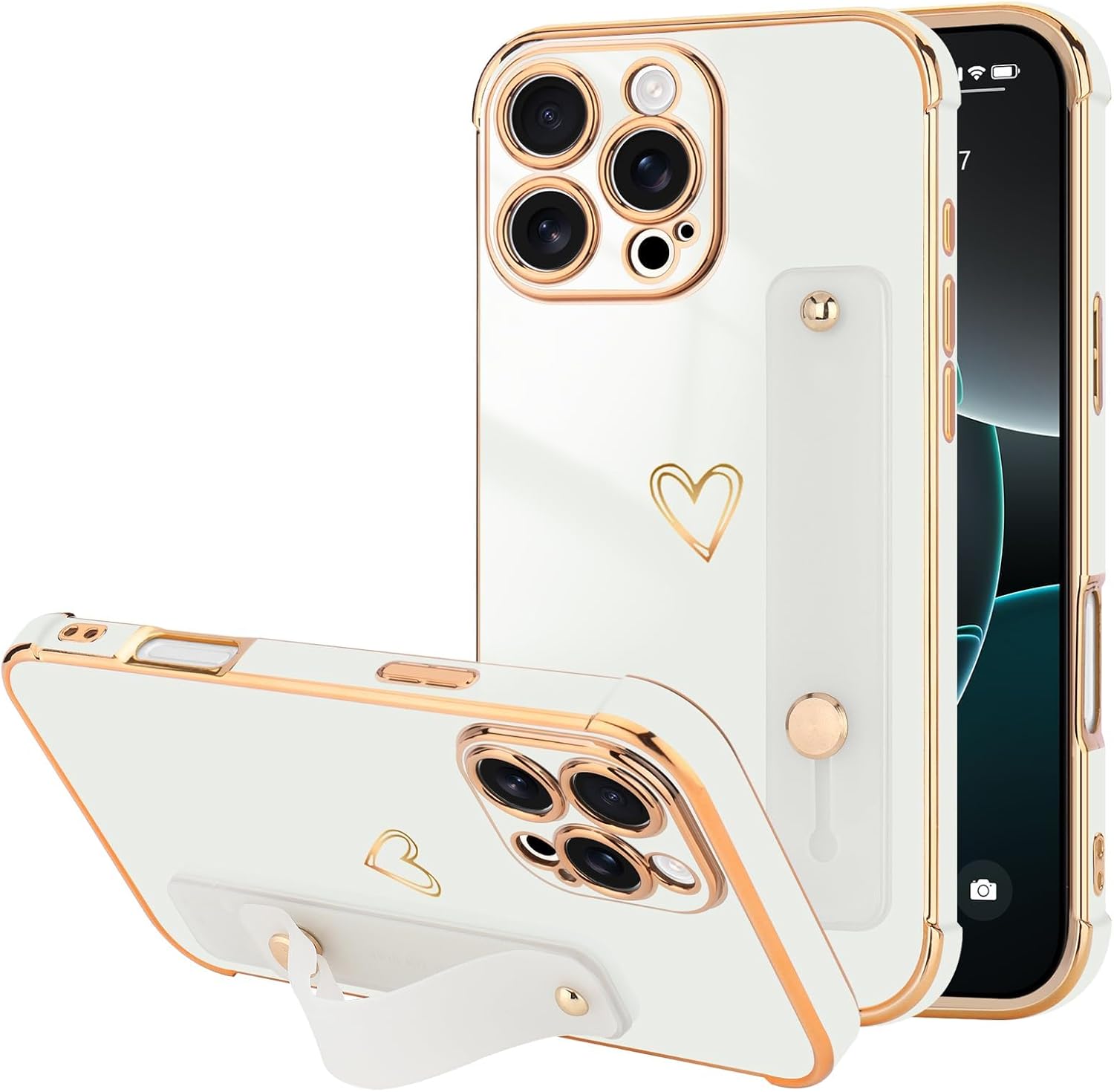 for iPhone 16 Pro Case for Women Girls, Bling Luxury Plated Bumper with Cute Love-Heart Design, Adjustable Hand Strap Stand, Raised Edges Shockproof Protection for iPhone 16 Pro - White