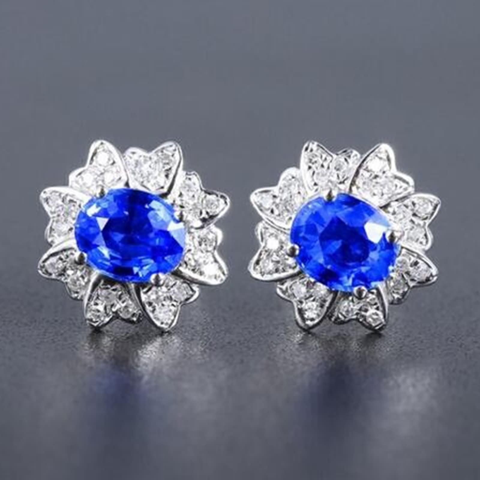 9K / 14K / 18 K Weißgold Ohrringe für Damen, Blume und Oval mit Erstellter Saphir 1,06 Karat und Moissanit, Damen Ohrringe Ohrstecker Blau Silber