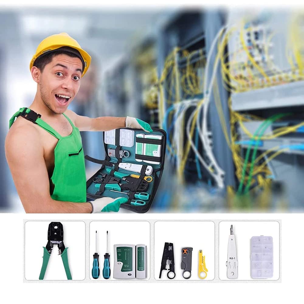 Retoo Juego de herramientas de red profesional 9 en 1, en estuche, comprobador de cables LAN para RJ45, RJ1, kit de comprobación de cables, herramientas de reparación para instalaciones de cables