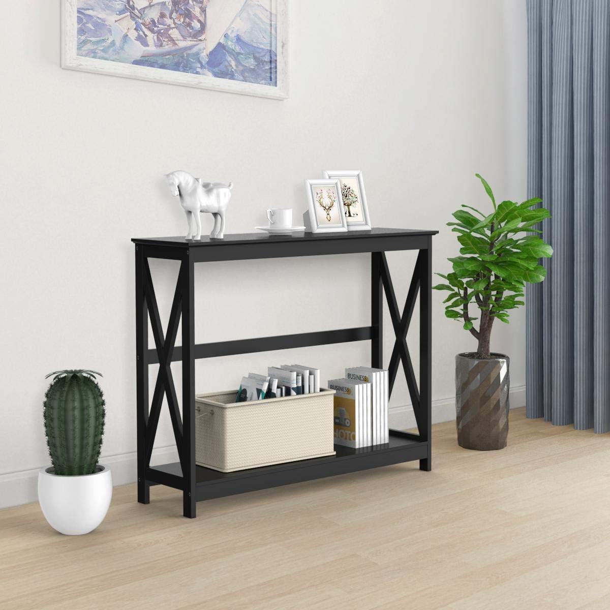 Yaheetech 2 Tier X Design Hallway Large Console Table Entryway Accent Tables with Storage Shelf Living Room Entrance Furniture, Black