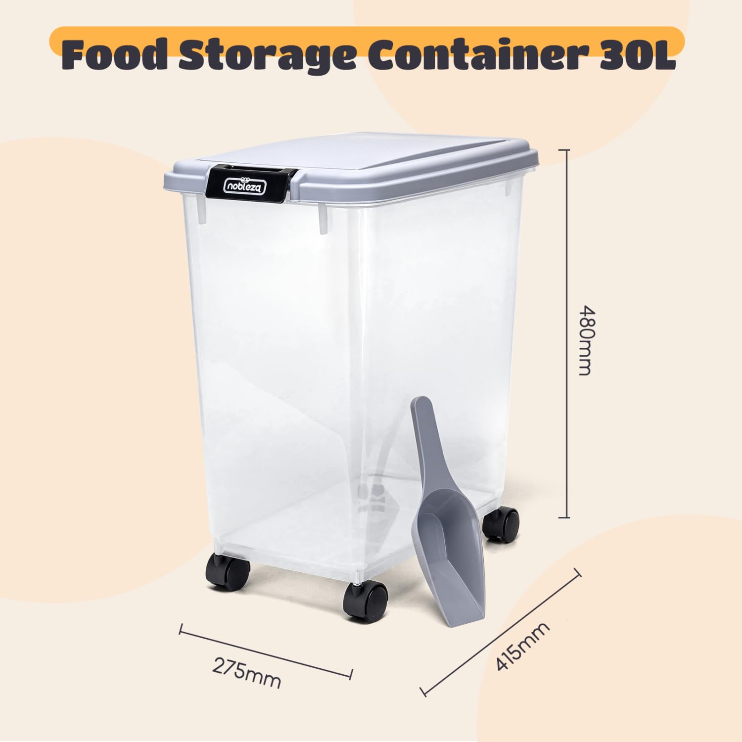 Nobleza - 2 Pezzi Contenitore per Animali da 30 L, Animali Domestici Scatola di Alimenti con Ruote Contenitore, Coperchio Ribaltabile, Ermetico, Trasparente, Ruote e Pala, per Cibo per Cani e Gatti