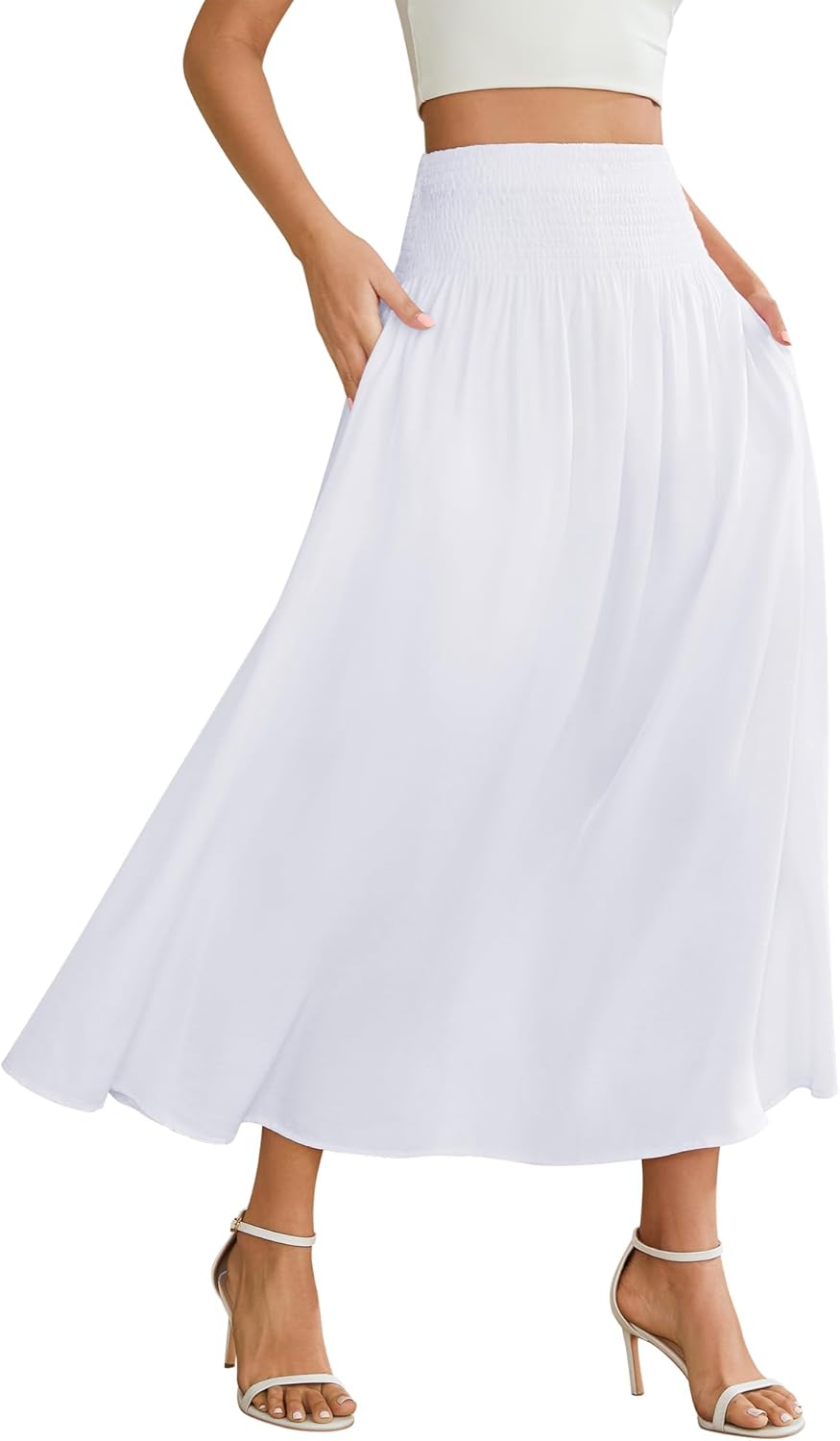 Women's Elastic High Waisted Midi Skirts with Pockets Trendy A-Line Flowy Swing Basic Skirt