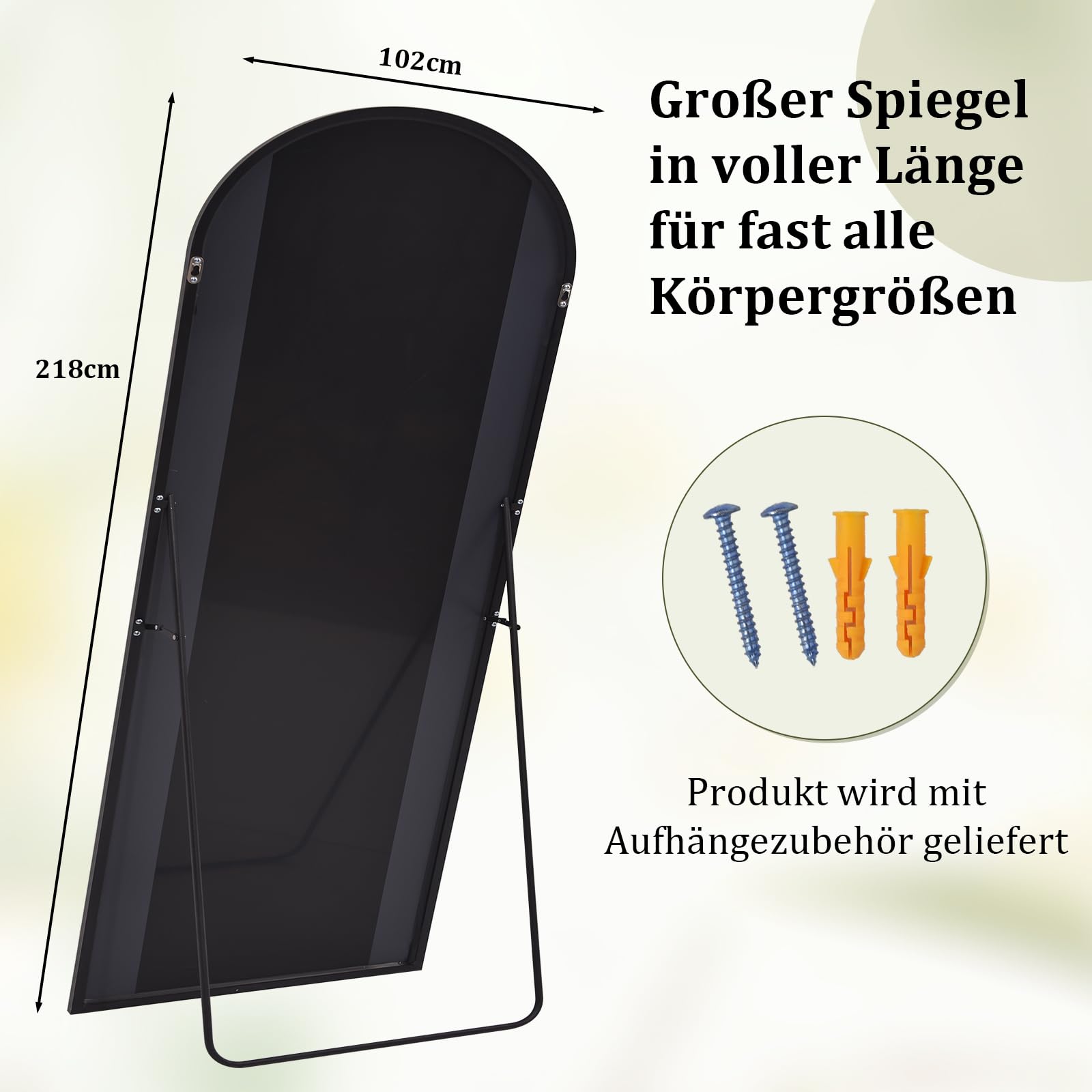 BEAUTYPEAK Großer Bogen Ganzkörperspiegel 218x102 cm, Gewölbter Standspiegel hängend oder lehnend an die Wand, groß Bodenspiegel mit Ständer für Schlafzimmer, Wohnzimmer oder Ankleidezimmer, Schwarz