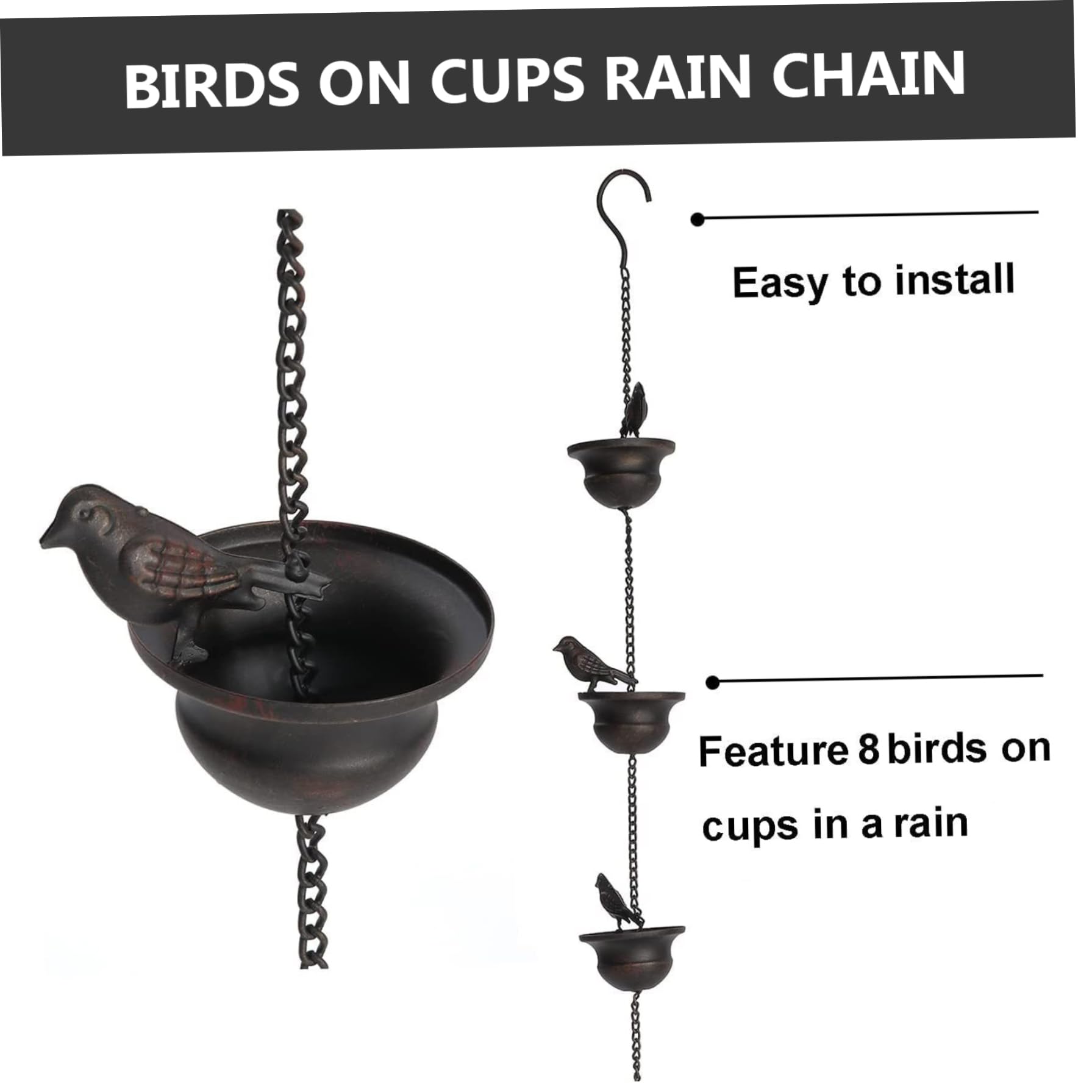 Cadena de lluvia, 2,4 m cadenas de lluvia de pájaros de metal para el exterior, cadenas de lluvia colgantes móviles para canaletas, receptores de lluvia decorativa a prueba de óxido para jardín exter
