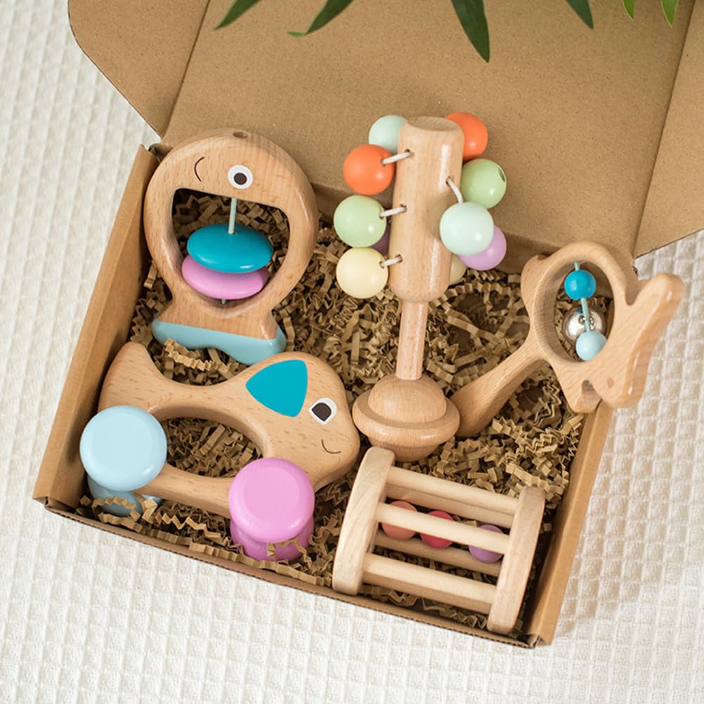 Holz-Babyrassel 5er-Set, sensorisches Handrassel-Spielzeug | Säuglings-Zahnungsspielzeug, Neugeborenen-Sinnesrassel, Baby-Handrassel