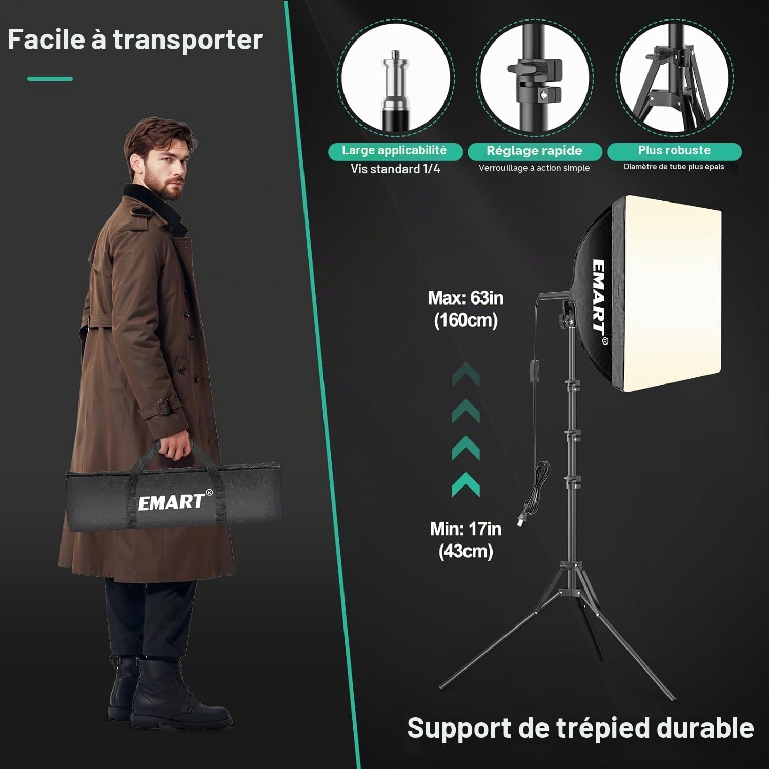 EMART Softbox 40 x 40cm, Studio Photo Eclairage LED de 50 W 3000-6000K, Lampe de Photographie, Boîte à Lumière Pliable avec Support, Soft Box pour Vidéo, Photographie, Portraits en Studio