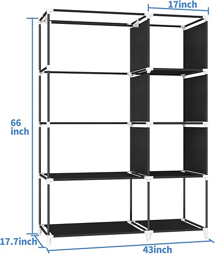Miniatura 4 de KEKIWE Armario portátil, armario para colgar ropa con 1 varillas para colgar, 6 estantes organizadores de almacenamiento, fácil de montar, ahorro de