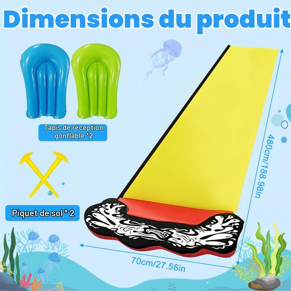 Toboggan Aquatique, 480 x 70cm Toboggan pour Pelouse, Tapis de Glisse Eau Enfant avec Arroseur D'éclaboussures, 2 Planches Gonflables, pour Pelouse et Jeux d'eau en Extérieur (Jaune)