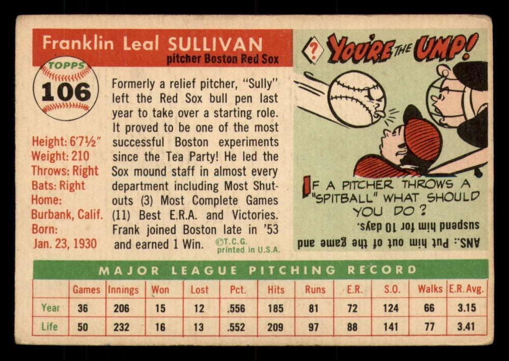 Baseball MLB 1955 Topps #106 Frank Sullivan scuff corner RC Rookie Red Sox