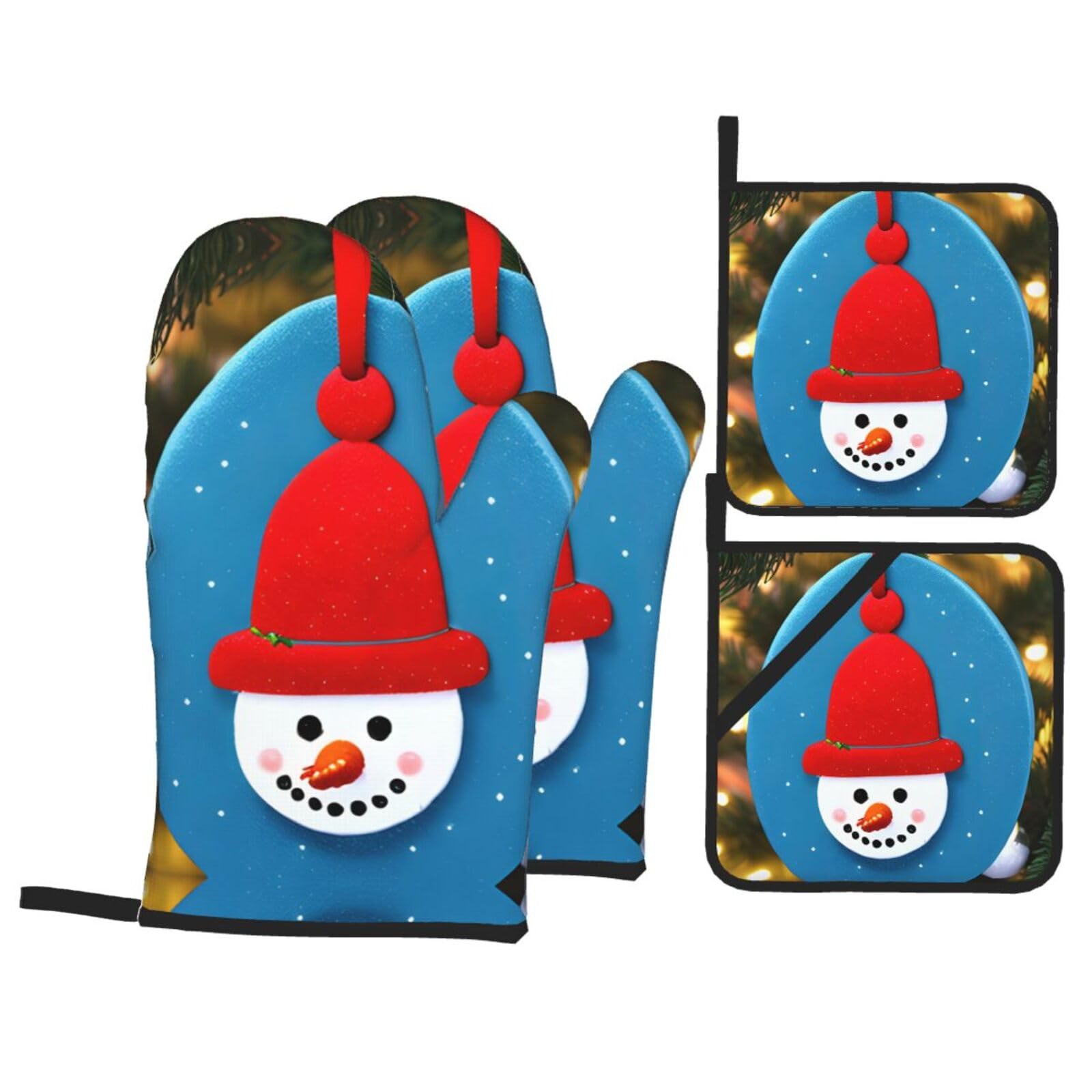 Christmas Carton Snowman Print Oven Microwaving Waterproof Kitchen Gloves for Baking Grilling Holiday Cooking