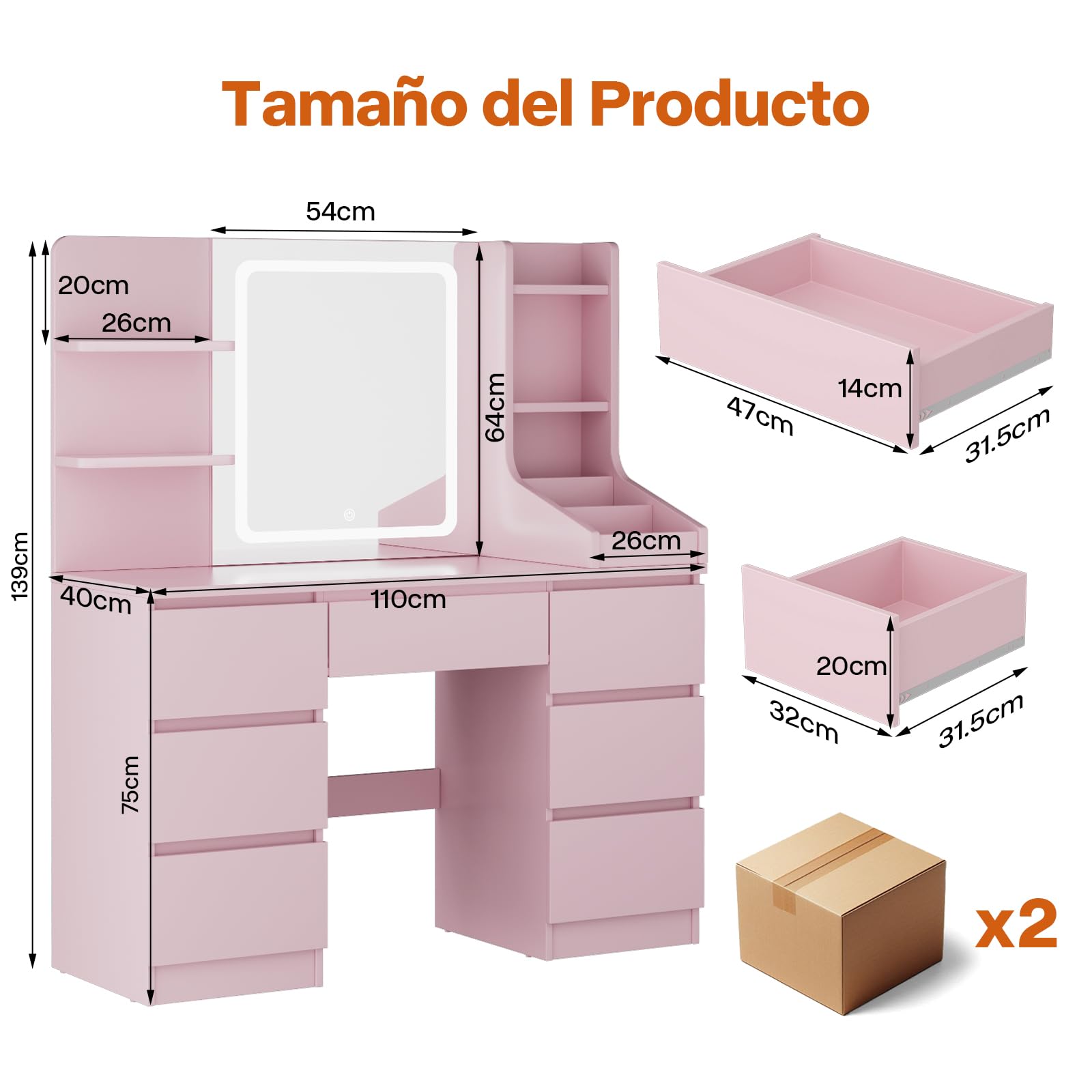 Airfish Tocador Grande, Tocador de Maquillaje Moderno con Espejo LED y 3 Tonos, Brillo Ajustable, Mesa de Maquillaje con 4 Estantes y 7 Cajones, 3 Compartimentos Abiertos Rosa