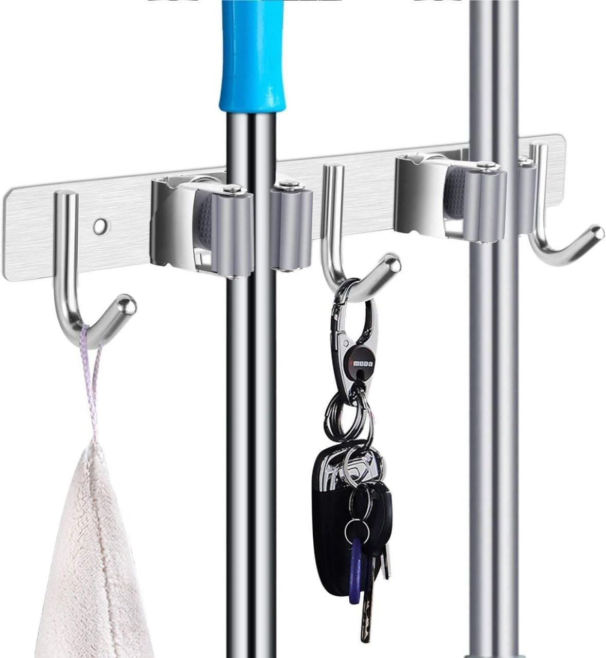 2 Slot & 3 Hook Stainless Steel Mop and Broom Holder Wall Mount, Anti Slip Heavy Duty Waterproof Broom Hanger Stand Organizer Tool for Kitchen Home Garden Bathroom Garage (Silver)-image-6