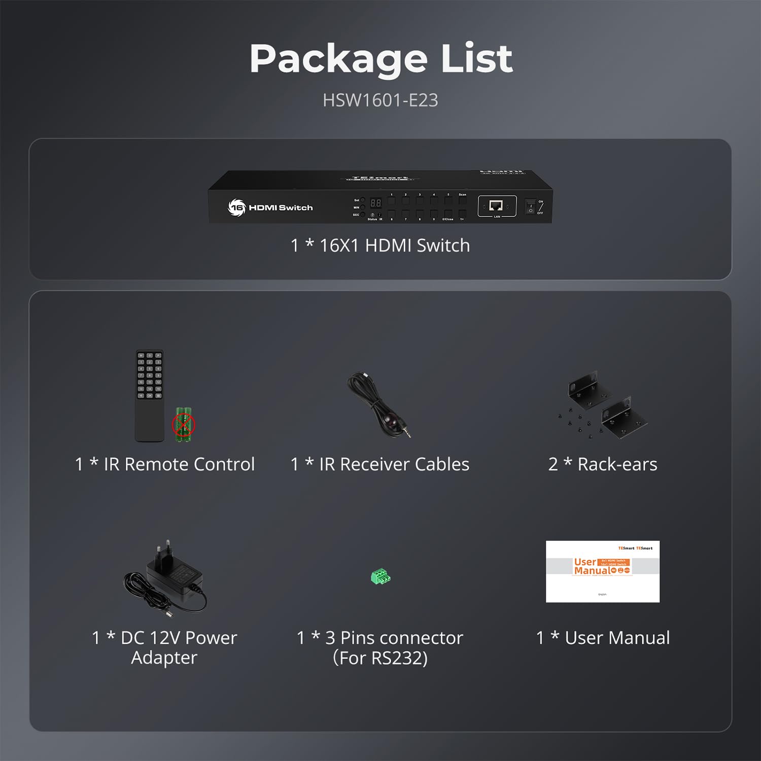 TESmart Switch HDMI Switch 16 in 1 out 4K @ 60Hz, 16 Port Commutatore HDMI Interruttore 16 Ingressi 1 Uscita con Porta LAN RS232, Supporto Full HD,4K @ 30Hz, 1080P 3D (Nero)