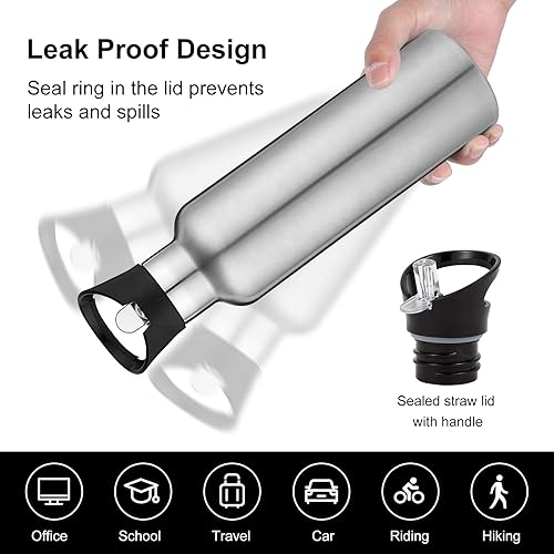 Miniatura 5 de Neihepal Botellas de agua de acero inoxidable plateadas, botella de viaje de doble pared aislada al vacío de 24 onzas con tapa de popote a prueba de