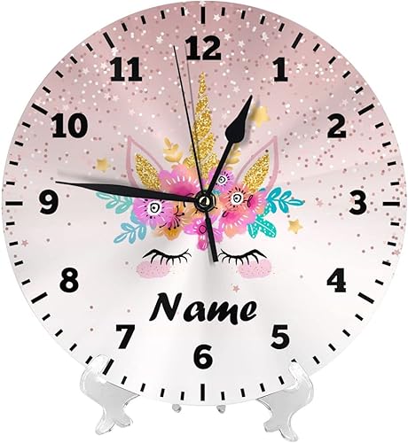 Vista 2 de Reloj de pared personalizado con diseño de unicornio y rosa con purpurina para habitación de los niños, reloj de pared personalizado con nombre