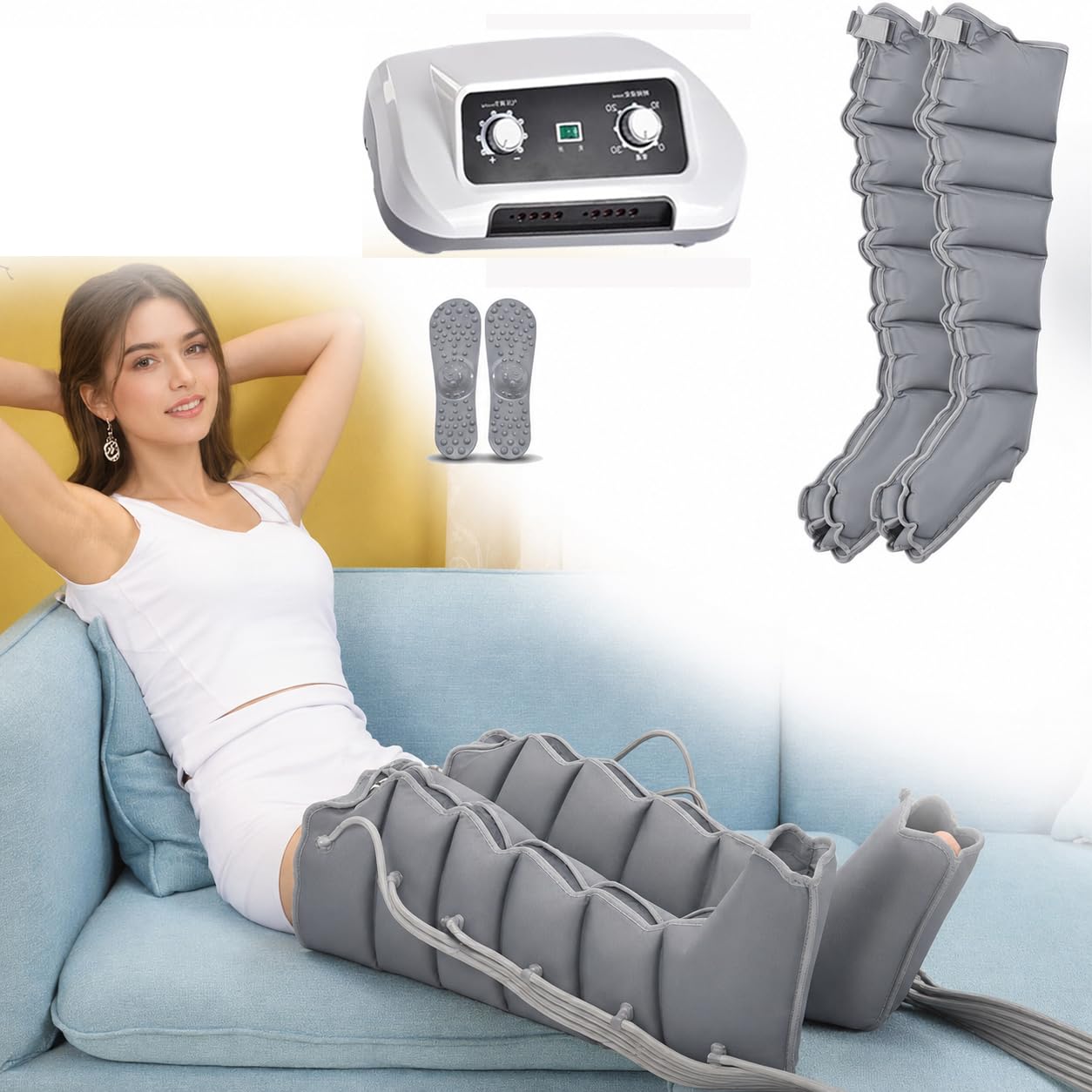 Pressoterapia per Casa,Massaggio Linfodrenante, con 6 Camere D’Aria | Massaggiatore Gambe a Compressione D’Aria, Pression Réglable, Timer Regolabile, Lipedema Gambe