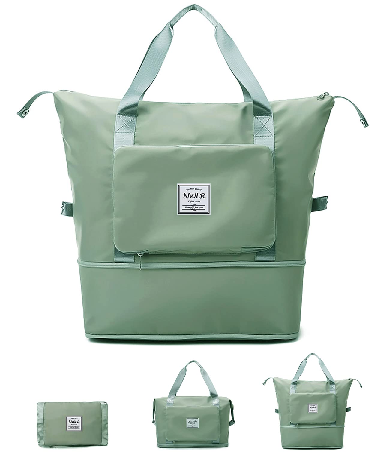 Large Capacity Folding Travel Bags Lightweight Waterproof Foldable Travel Duffel Bag Weekender Overnight Bag Shoulder Bag with Dry and Wet Pocket Gym Tote Bag, Green-image-26