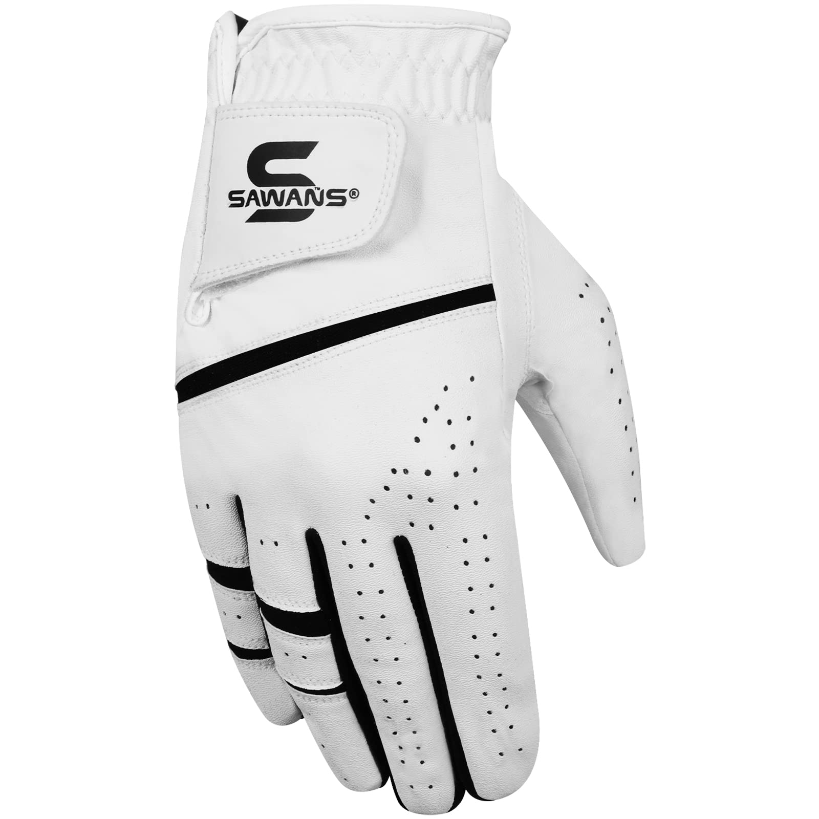 SAWANS Golf Glove Men's Durable Premium Leather Left Hand Right All Weather Grip Golfer Gloves Non Slip Flexible Golfing (White