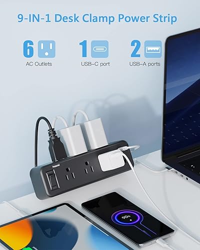 Miniatura 2 de Regleta de alimentación con abrazadera de escritorio con PD 20W USB C, protector de sobretensiones de montaje en borde de escritorio con 6 tomas,