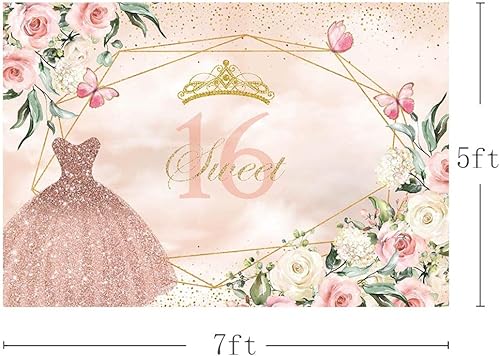 Miniatura 3 de Telón de fondo de cumpleaños de 7 x 5 pies, vestido rosa, floral, corona dorada, puntos con purpurina, decoración de fiesta de cumpleaños,