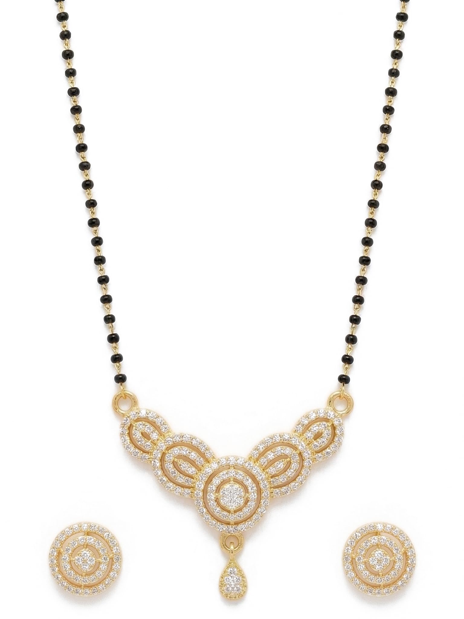 brado jewellery Gold Plated 18 Inch Traditional lightweight bridal American diamond Flower Design black bead Morden Mangalsutra with Earrings for Women| Daily, Wedding, Party, Gift, anniversary-picture-39