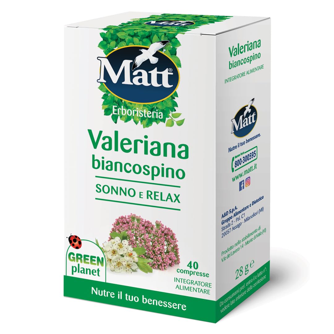 Matt, Valeriana Biancospino Sonno e Relax, Integratore Alimentare Utile per Favorire il Rilassamento e il Sonno, Migliora la Qualità del Sonno, Confezione con 40 Compresse, 28 g