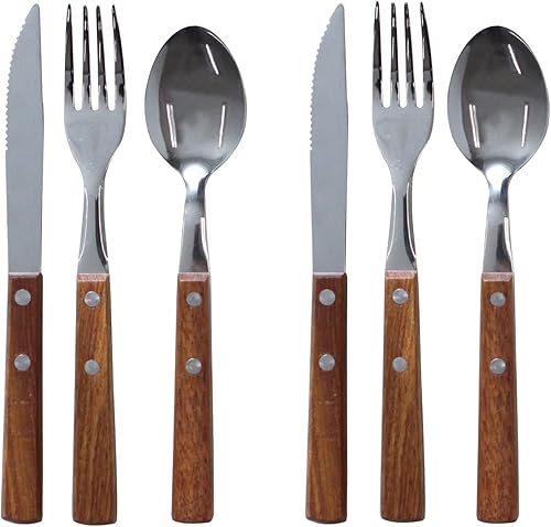 Juego de 6 piezas (2 juegos) de mango de madera de primera calidad, cuchillo de cena, tenedor y cuchara