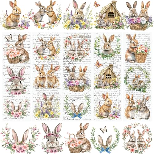 WANDIC 5 hojas de calcomanías de transferencia de flores de conejo, impermeables, vintage, calcomanías de transferencia de conejo, calcomanías de fondo del alfabeto para manualidades, muebles