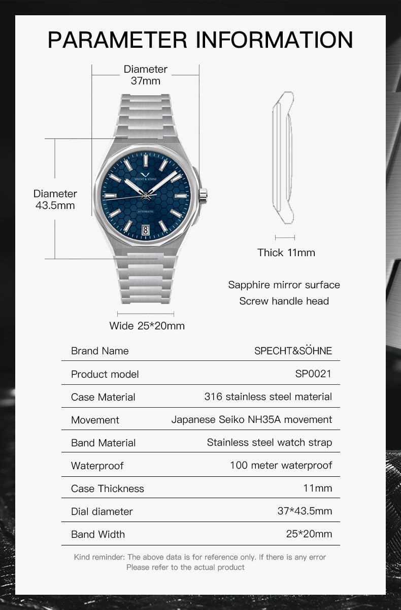 TACTO Specht & Söhne Orologi automatici da uomo con quadrante Honenycomb in acciaio inossidabile NH35 Movt Orologi da polso meccanici impermeabili 50M per uomo