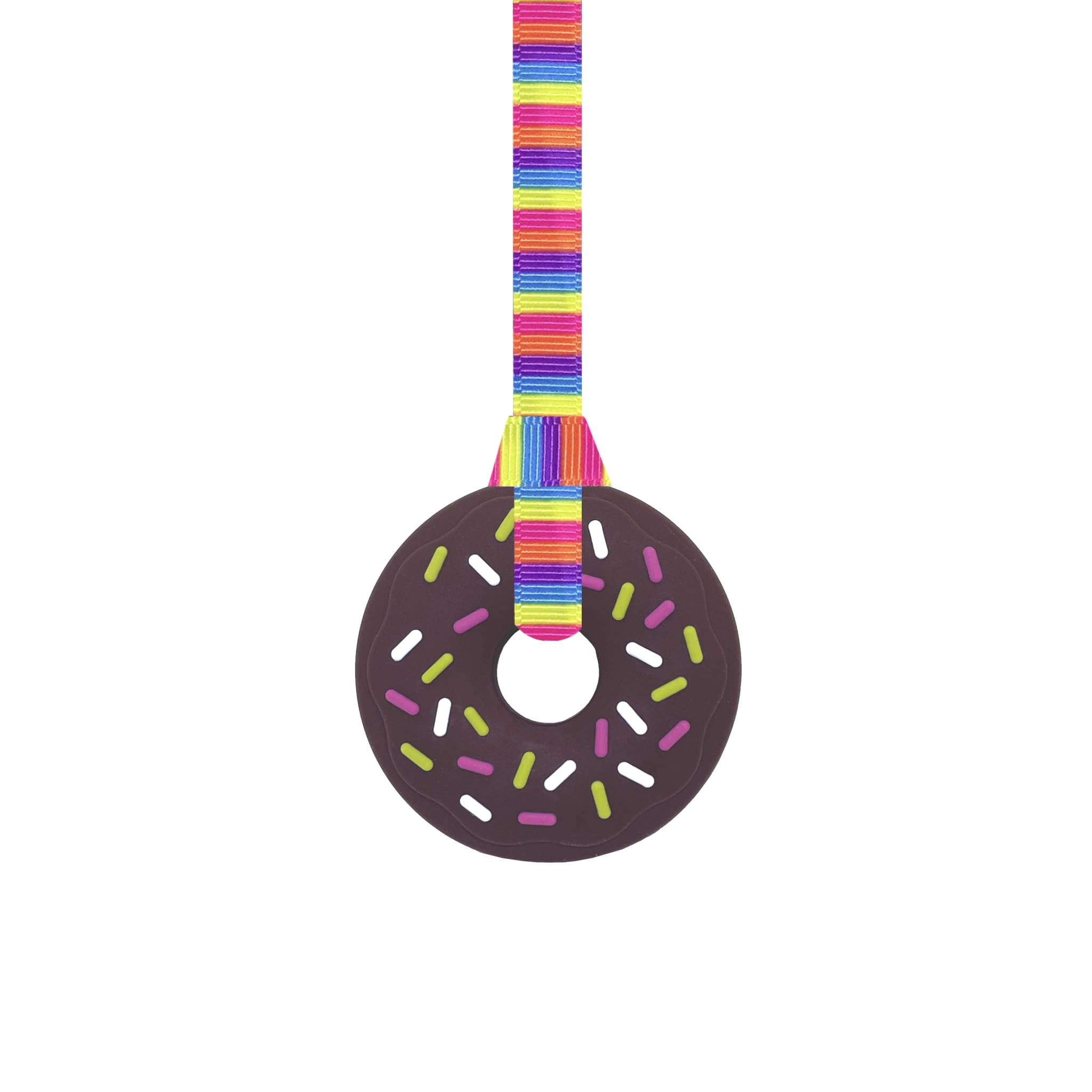 Sensory Oojamabobs STRONG Doughnut Chew Necklace With Lanyard - Brown - For Kids With Autism, Anxiety & ADHD - 100% Food Grade Silicone (6 lanyard designs available) (Pink Stripes)