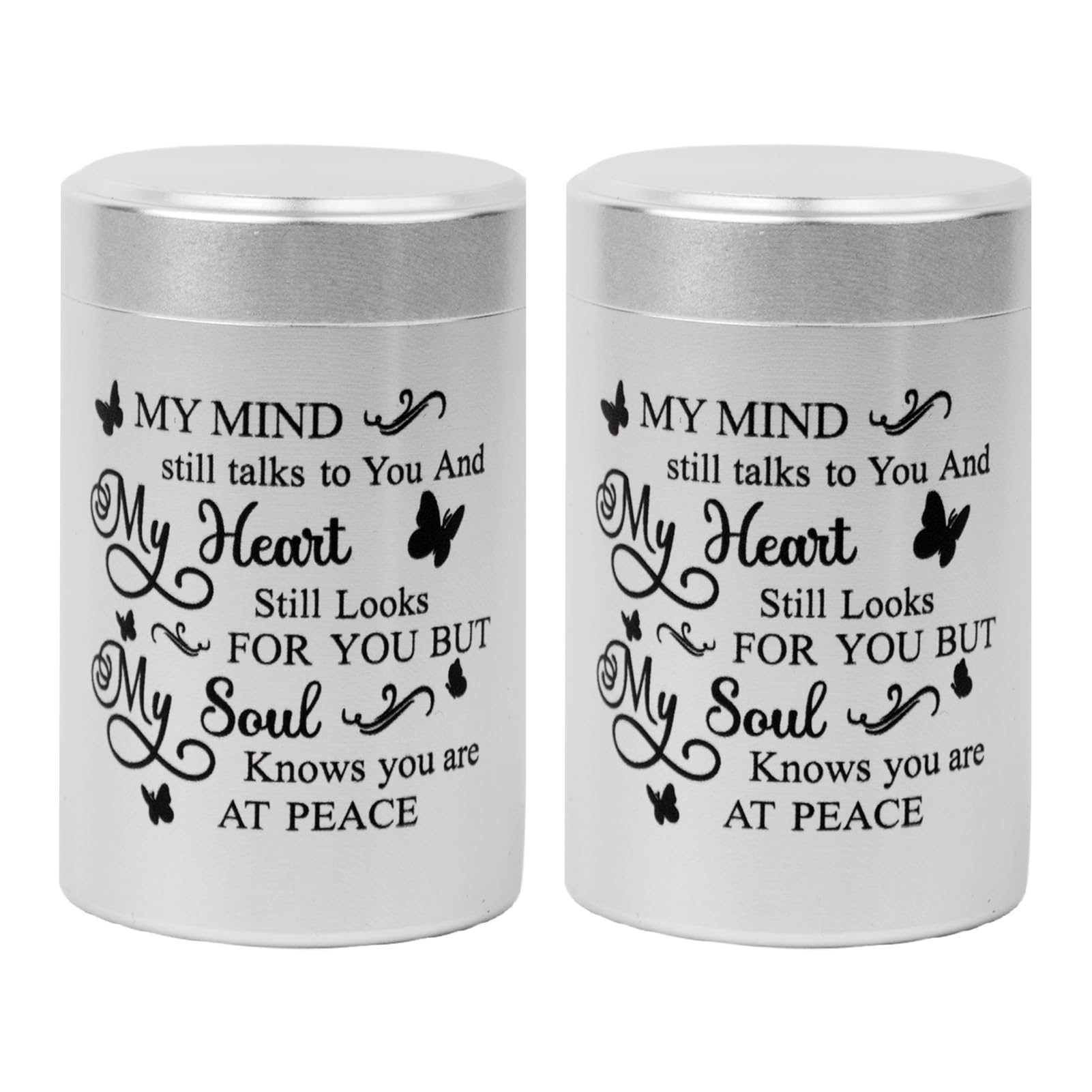 My Mind Still Talks to You - Silver Mini Aluminium Urns for Ashes - Set of 2, 2.7 Inch Keepsake Urns