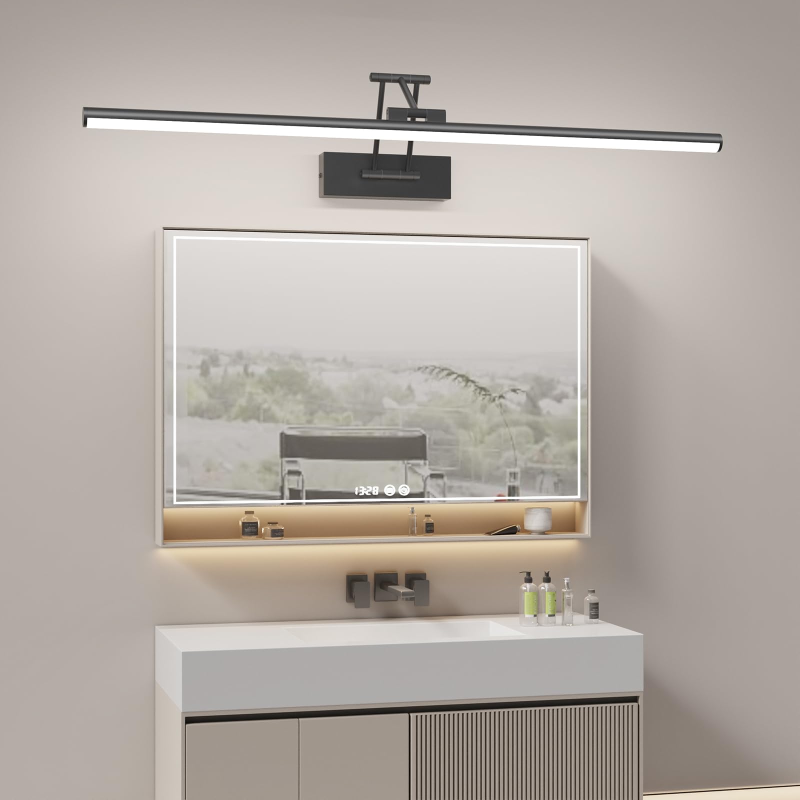 Klighten LED Spiegellampe Bad 70cm, Drehung Spiegellampen Spiegel für bad IP44, Spiegelleuchte Badezimmer 24W 1650 LM, LED Badspiegelleuchten Badezimmerspiegel, Kaltes Weiß 5500K, Schwarz