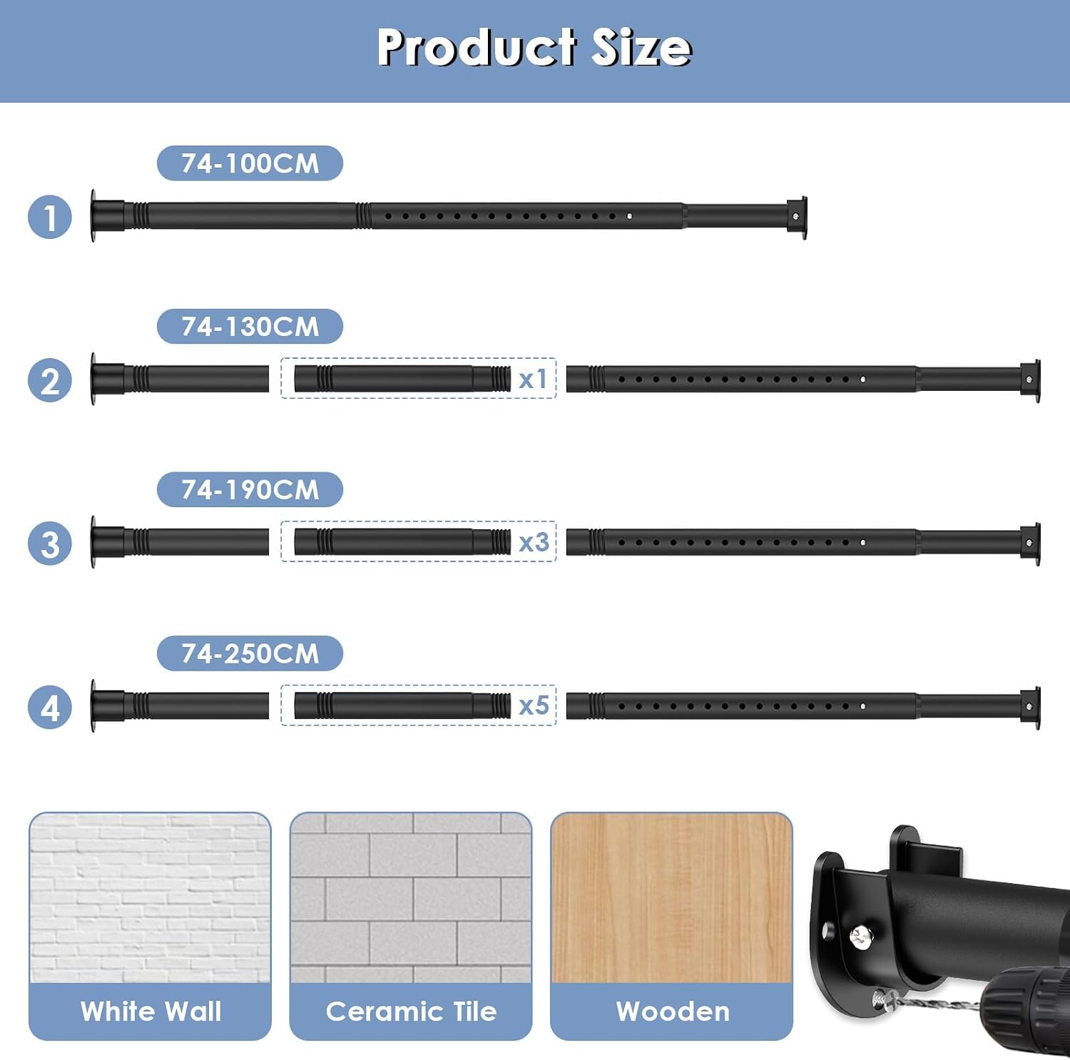 Asta appendiabiti estensibile per armadio, 32 mm, nera, 74-223 cm | Resistente, prese terminali e viti incluse, facile installazione, supporto forte, per armadi, balconi, bagni