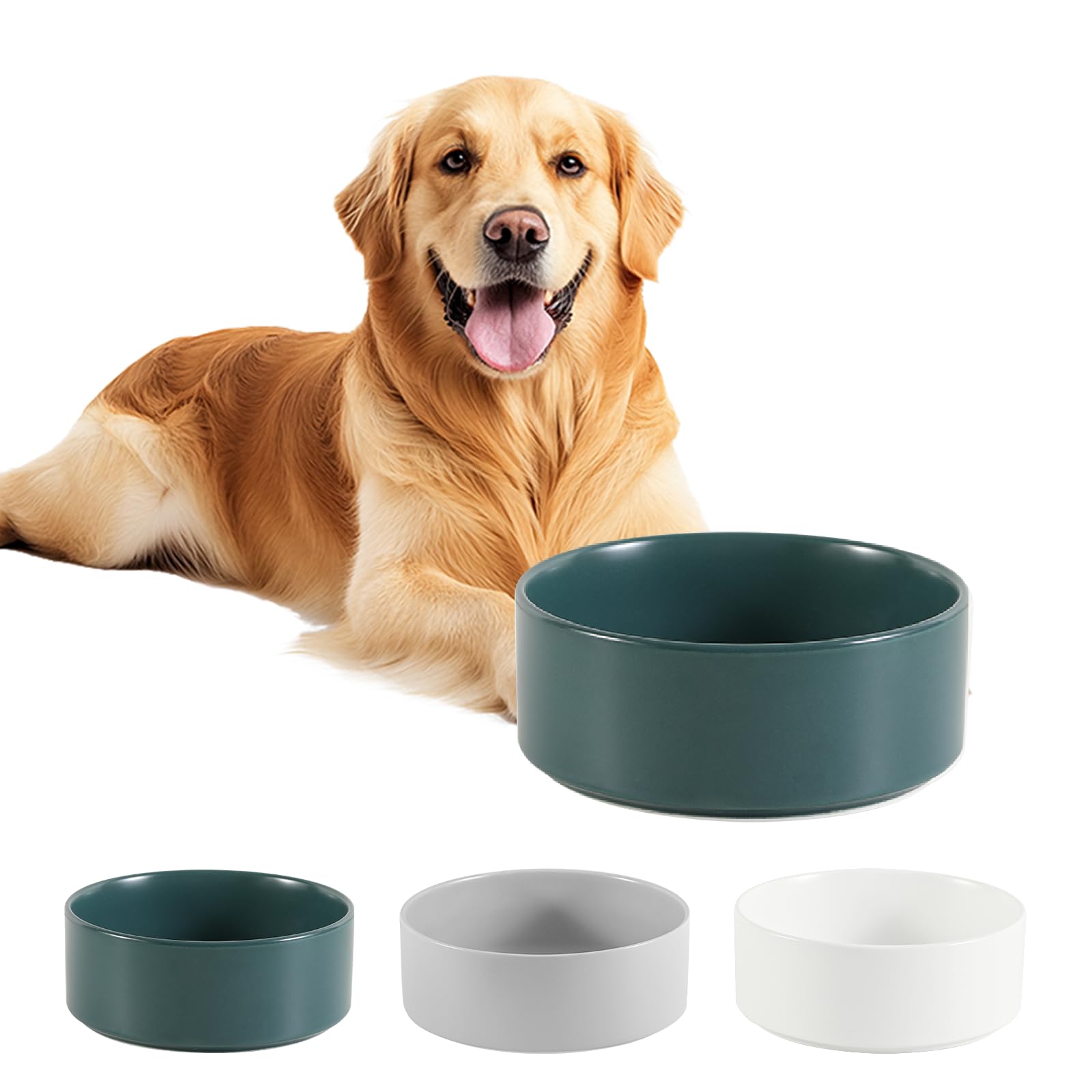 Ceramic Dog Bowl for Food and Water - Pet Feeder Bowl for Medium to Large Dogs - Heavy Ceramic Feeding Dish with Non Slip Base - Dishwasher & Microwave Safe - 8 Inch - 7.5 Cups - Green