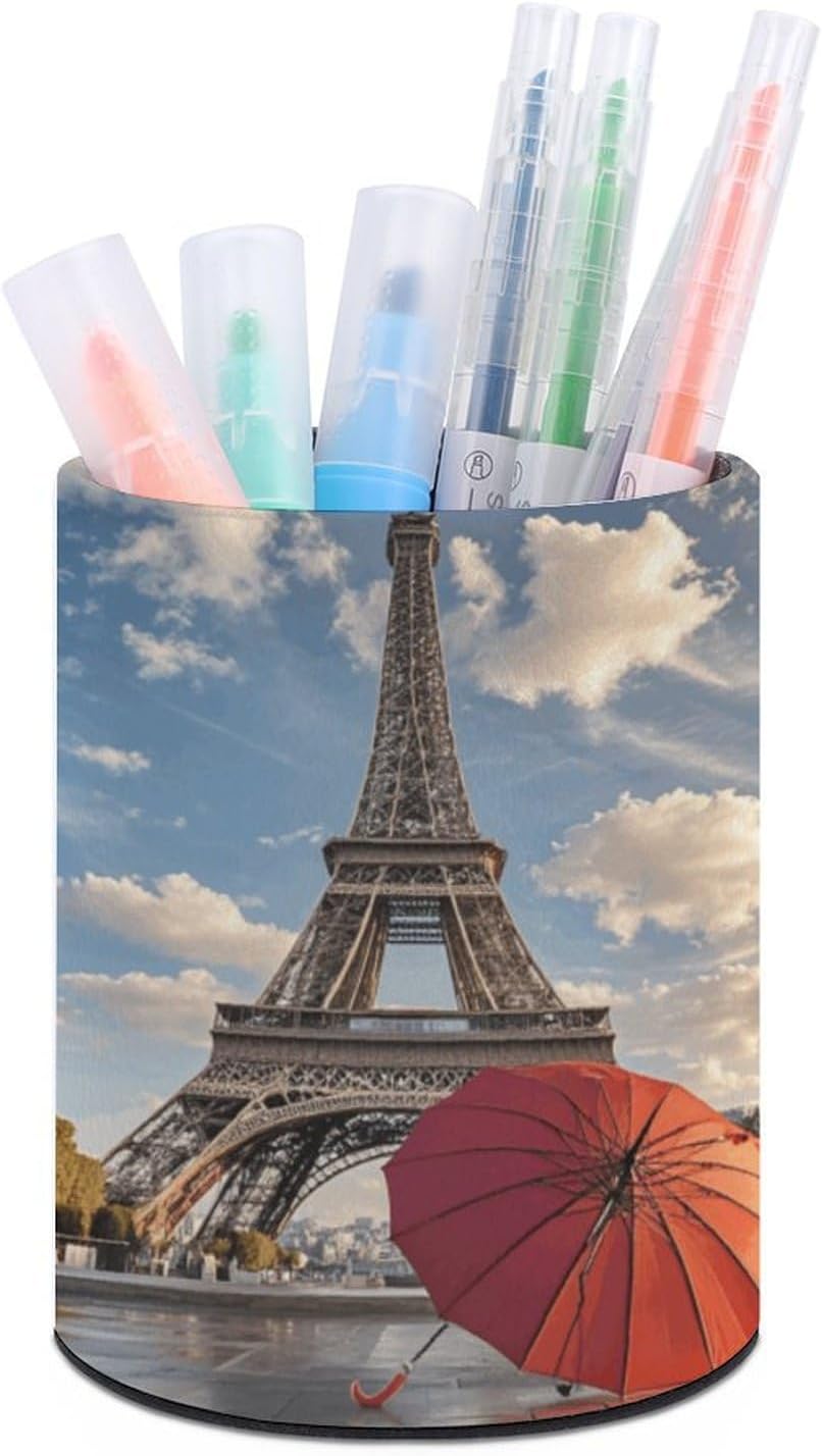 Office Eiffel Tower with Red Umbrella Desk Organizer Pen Holder Round