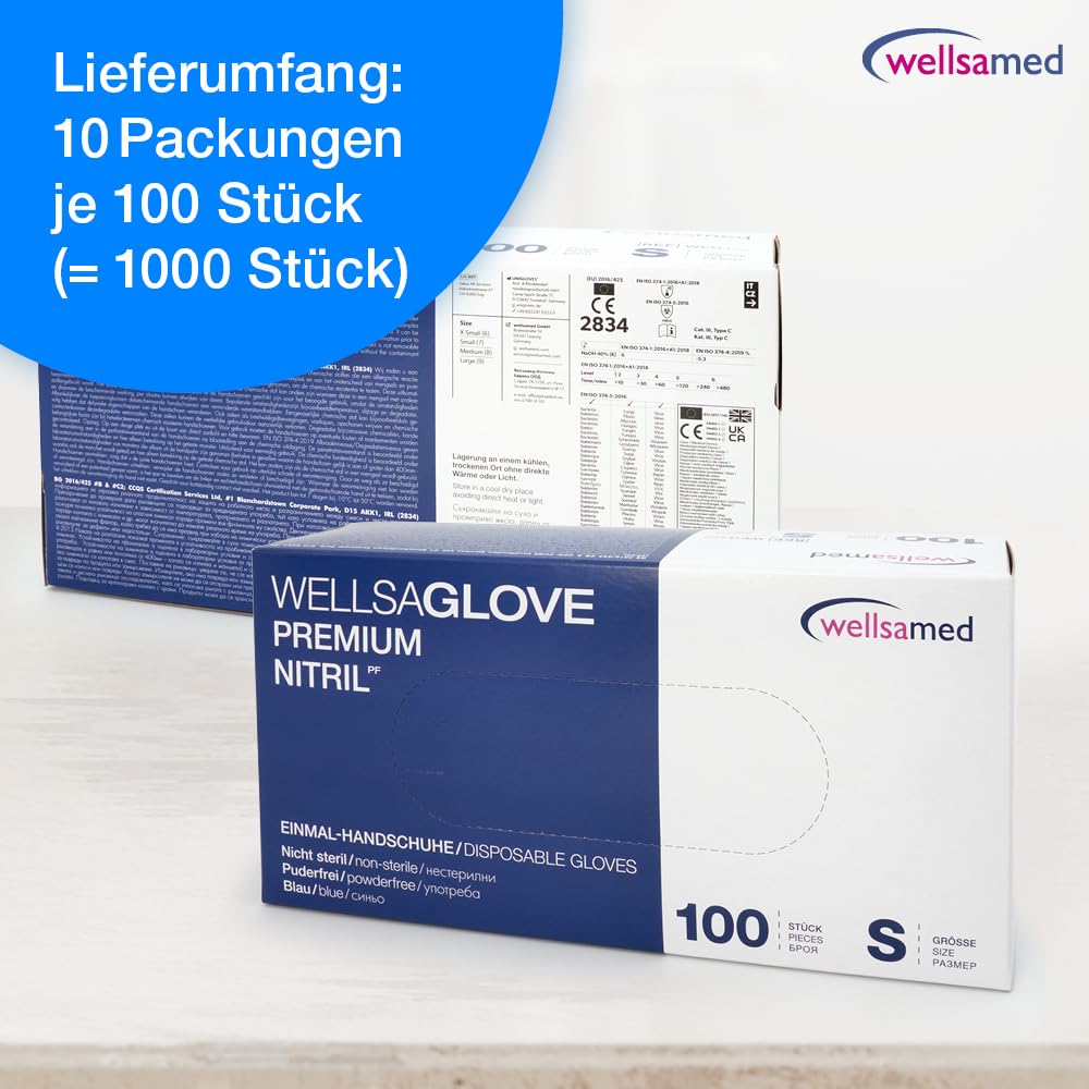 Wellsamed Premium Nitril Einweghandschuhe, Blau, Größe S, Puderfrei, 1000 Stück (10 x 100), Reißfest
