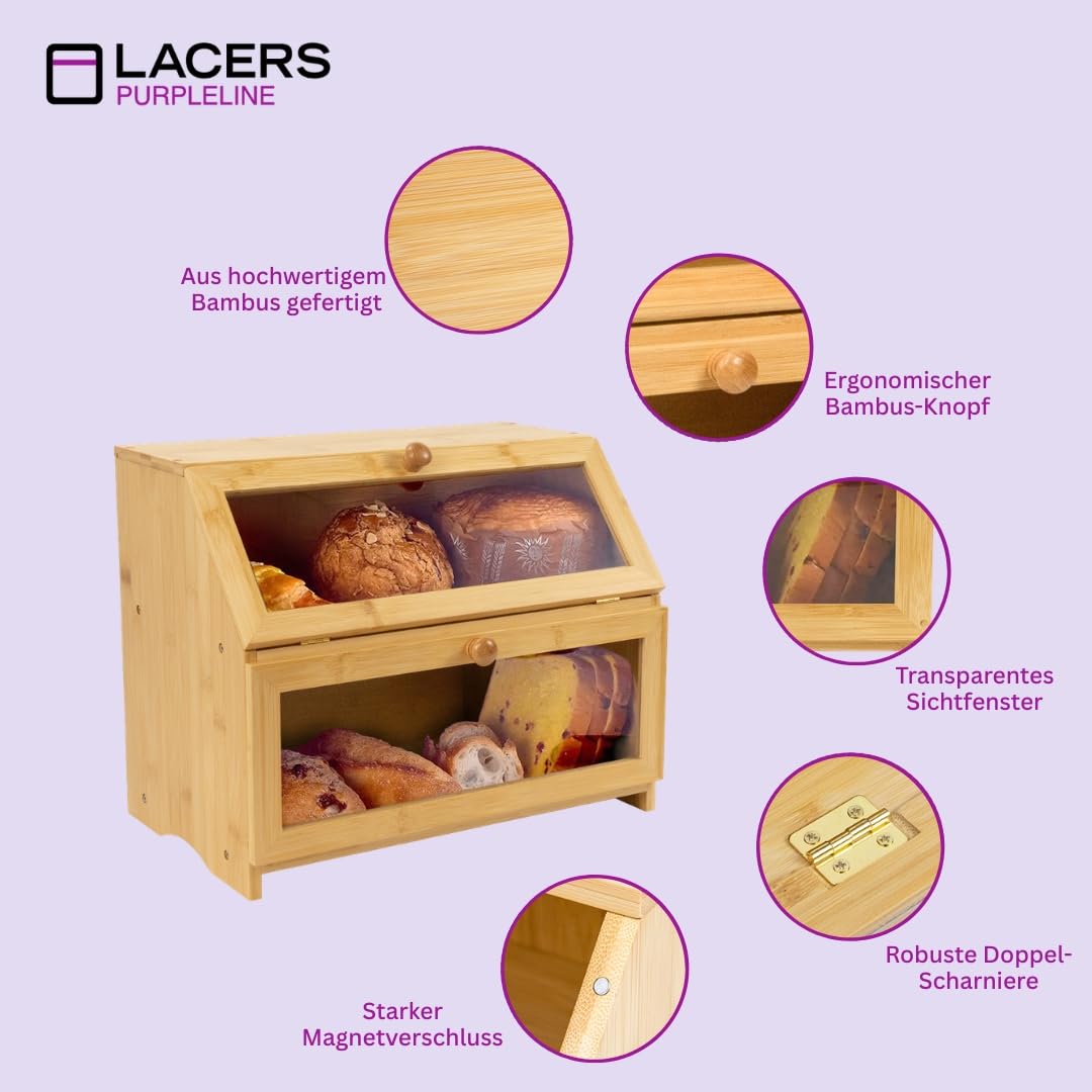 Lacers PURPLELINE Brotkasten aus Bambus mit 2 Etagen & Sichtfenster - Großer Brotbehälter für die Küche - Nachhaltige Brotbox zweistöckig zur Brot-Aufbewahrung, Holz-Brotkiste 39,5x25x32 cm