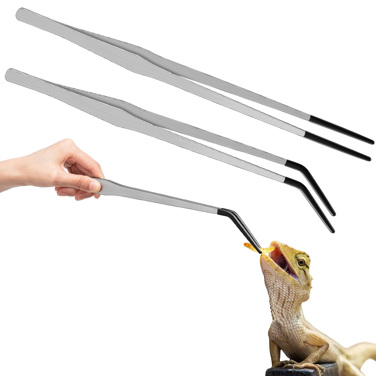 Lasnten 2 Pcs Extra Long Stainless Steel Reptile Feeding Tongs with Rubber Tip 15 Inch Bearded Dragon Aquarium Straight and Curved Long Tweezer Terrarium Feeder Tool for Tank(Silver)