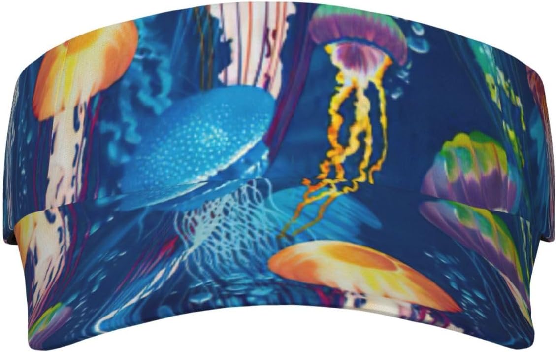 Colored Jellyfish Print Sport Sun Visor Hats Adjustable Empty Top Baseball Cap Women and Men Sun Visor Hat Black